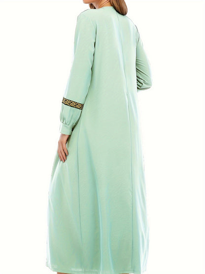 Ramadan Contrast Trim Kaftan, Elegant Long Sleeve Maxi Length Dress, Women's Clothing