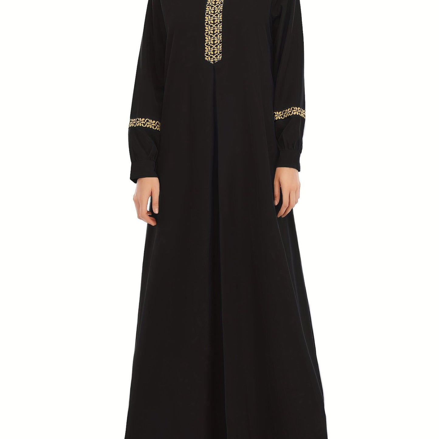 Ramadan Contrast Trim Kaftan, Elegant Long Sleeve Maxi Length Dress, Women's Clothing