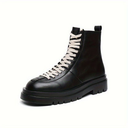 Men's High-Top Boots - Black with White Laces, Thick Rubber Sole