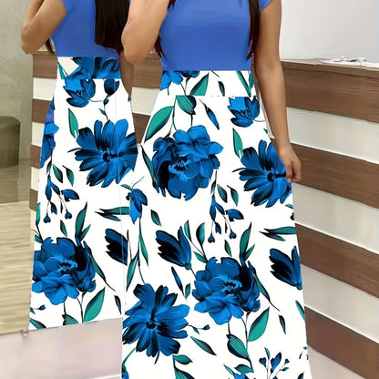 Floral Print Crew Neck Dress, Elegant Short Sleeve Dress For Spring & Summer, Women's Clothing