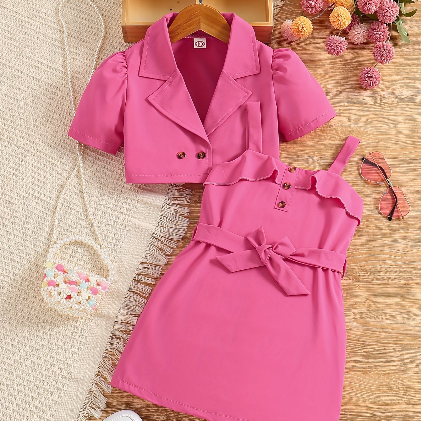 2pcs Girls Fashion Solid Non Stretch Puff Sleeve Double Button Blazer & Belted Cami Dress