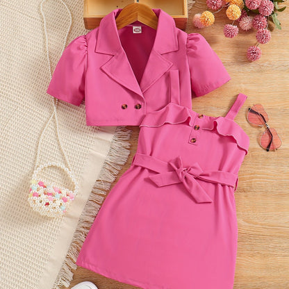 2pcs Girls Fashion Solid Non Stretch Puff Sleeve Double Button Blazer & Belted Cami Dress