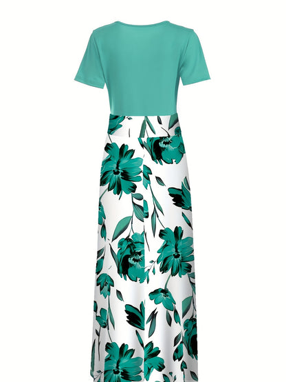 Floral Print Crew Neck Dress, Elegant Short Sleeve Dress For Spring & Summer, Women's Clothing