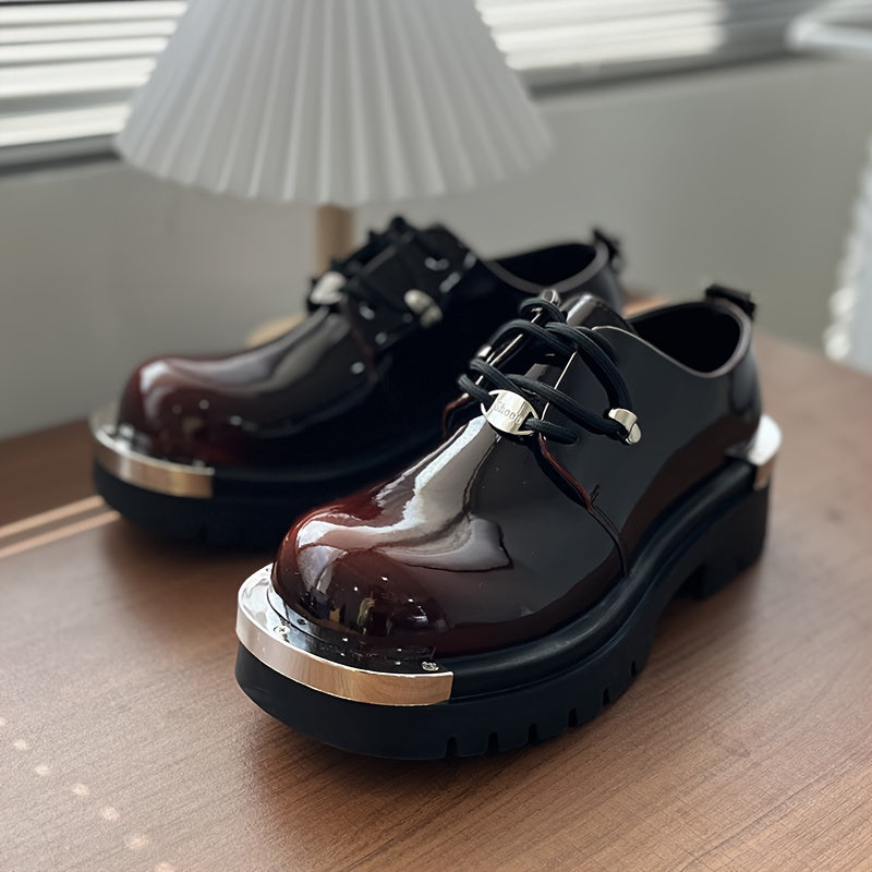 Men'S Chunky Platform Ankle Boots - Glossy Black Synthetic Cover with Golden-Tone Lace-Up Closure, Thick Rubber Sole for Height & Traction, Round Toe Design, All-Season Casual & Formal Work Boots, Formal Footwear, Durable Foo