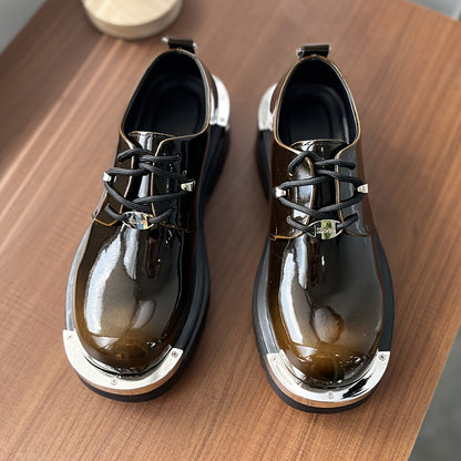 Men'S Chunky Platform Ankle Boots - Glossy Black Synthetic Cover with Golden-Tone Lace-Up Closure, Thick Rubber Sole for Height & Traction, Round Toe Design, All-Season Casual & Formal Work Boots, Formal Footwear, Durable Foo