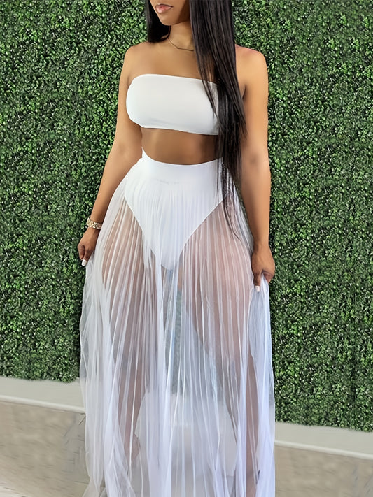 Women 3 Piece Swimsuit Set, Bandeau Bikini And Fishnet Hollow Out Beach Maxi Dress Cover Ups Party Skirts, Clubwear Set, Women's Clothing