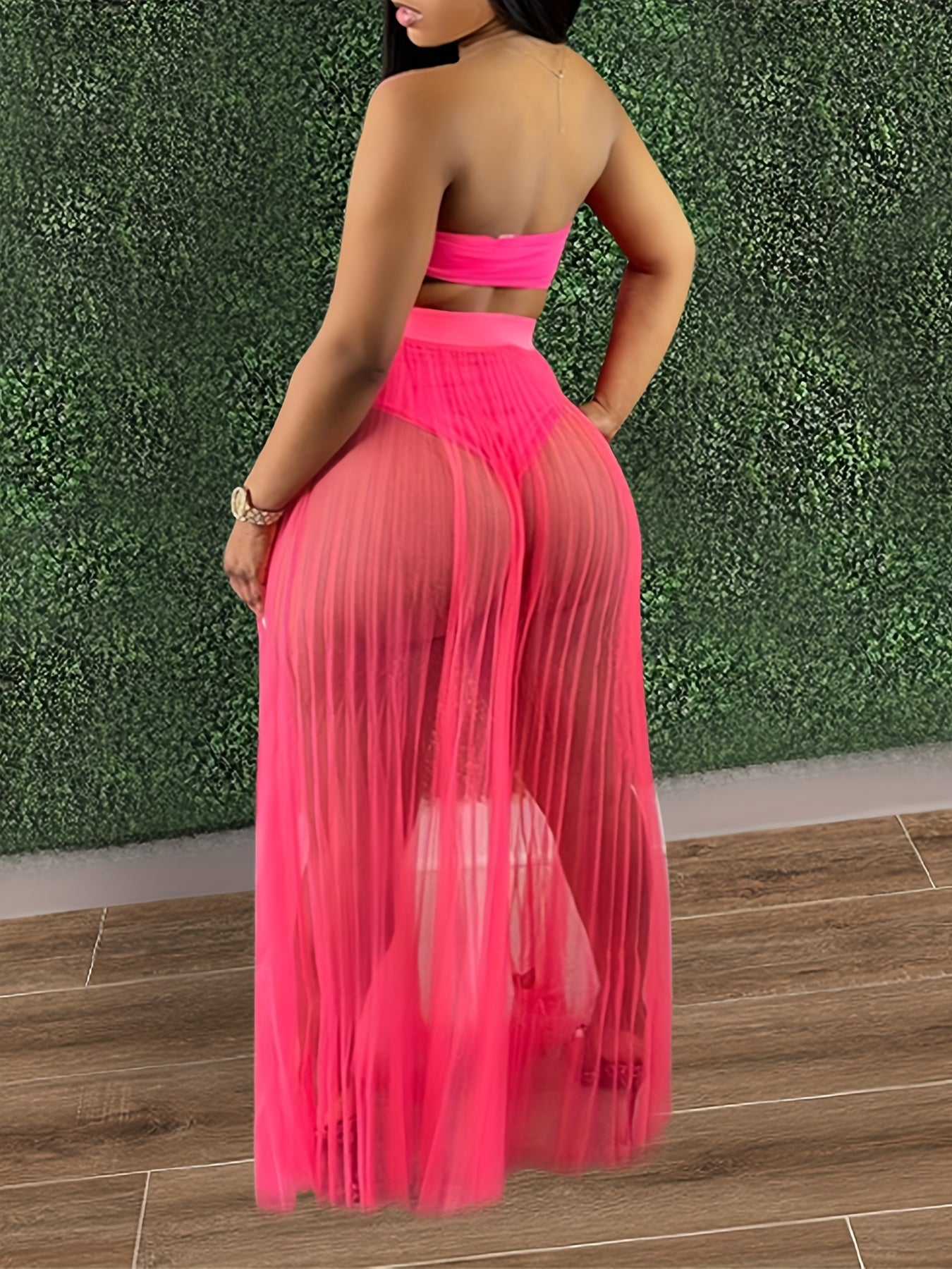 Women 3 Piece Swimsuit Set, Bandeau Bikini And Fishnet Hollow Out Beach Maxi Dress Cover Ups Party Skirts, Clubwear Set, Women's Clothing