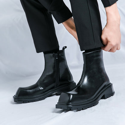Men's -like Glossy Black Ankle-High Boot - Slip-Resistant Rubber Sole, Zipper Closure & Lace-Up Front, Chunky Short Boot with Glossy Upper, Glossy PU Lining & Arch - Slip-Resistant Traction Tread, PU Insole & Lining - Motorcy