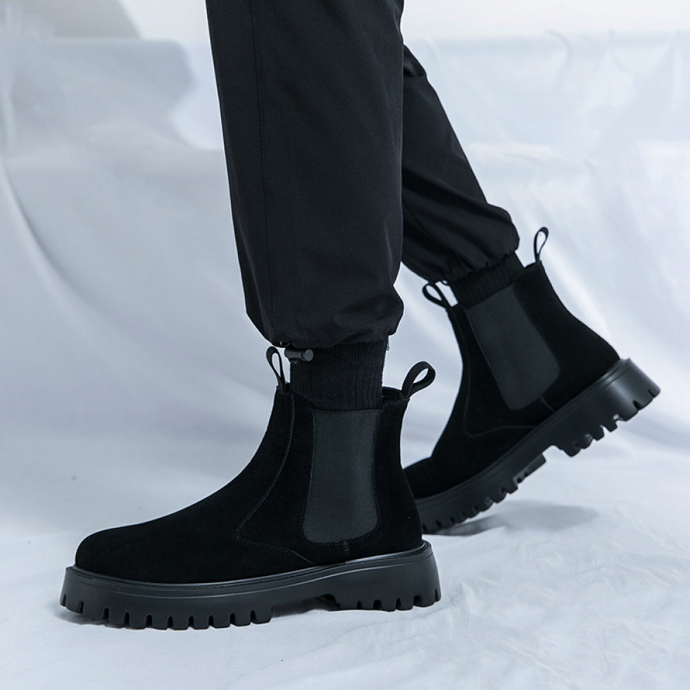 Men's Classic British Style Chunky Sole Ankle Boots - Faux Cover with Elastic Side Panels, Round Toe & Lace-Up Closure for Business Casual, Weddings, Parties - All-Season Versatile Footwear, Wedding Shoes, Durable Rubber Sole