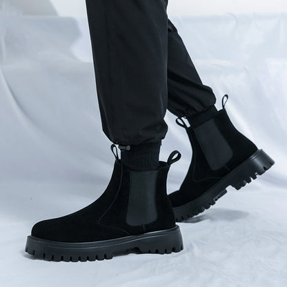 Men's Classic British Style Chunky Sole Ankle Boots - Faux Cover with Elastic Side Panels, Round Toe & Lace-Up Closure for Business Casual, Weddings, Parties - All-Season Versatile Footwear, Wedding Shoes, Durable Rubber Sole