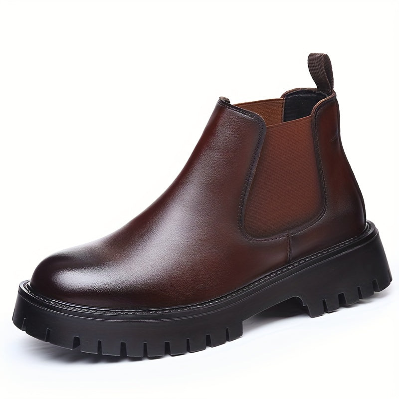Men's Chunky Height-Increasing 4.5cm Chelsea Boots - Glossy Brown/Black Round-Toe Ankle Boots with Rubber Sole, Slip-Resistant & Cushioned Insole, All-Season Casual & Formal Shoes for Men,