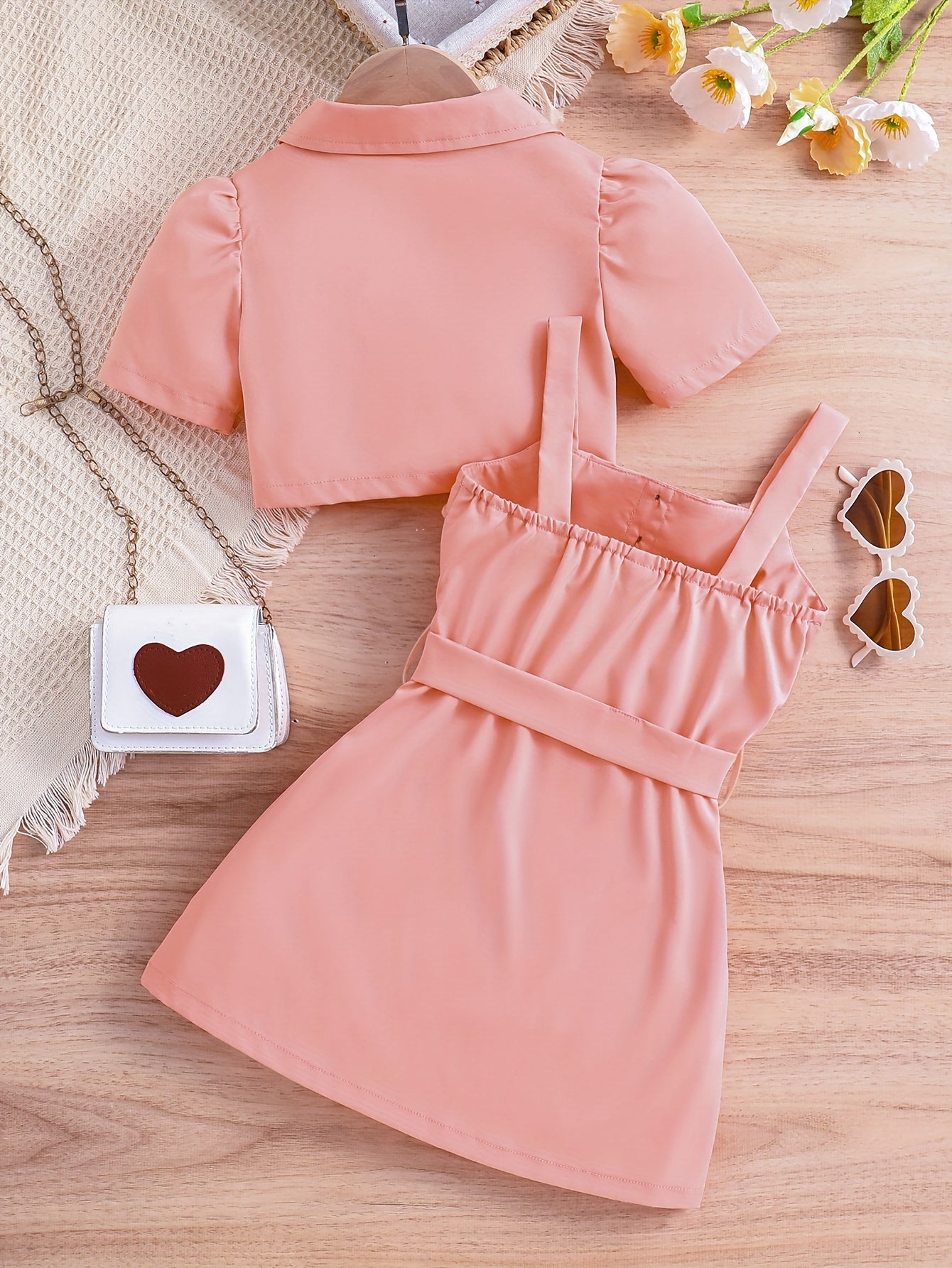 2pcs Girls Fashion Solid Non Stretch Puff Sleeve Double Button Blazer & Belted Cami Dress