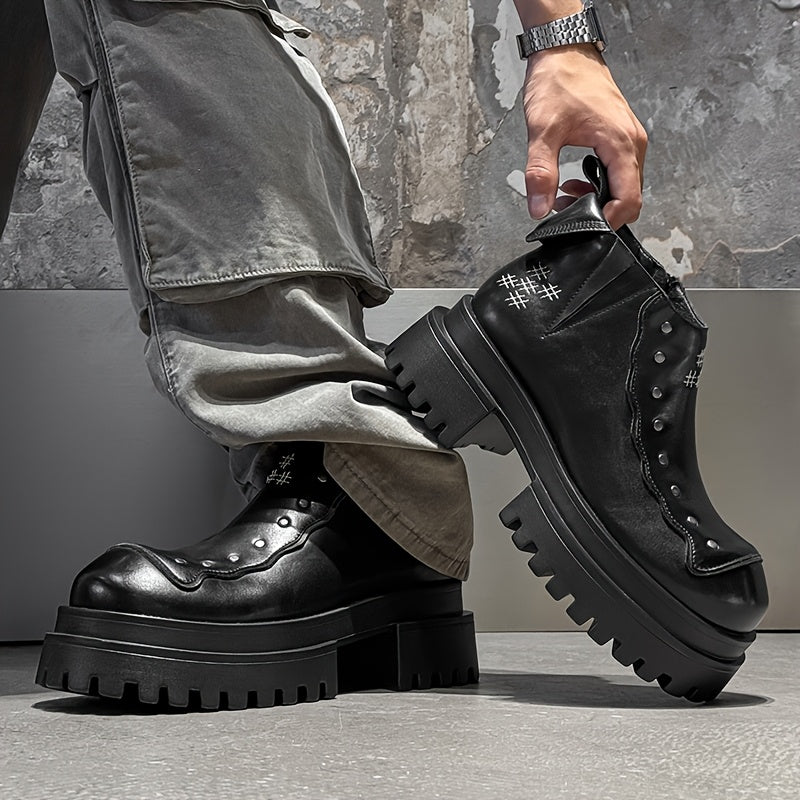 Men's Chunky Platform Zip-Up Ankle Boots - Punk Rock Style Upper & Rubber Sole, Slip-On Design for All-Season Comfort - Ideal for Concerts, Nightclubs, Motorcycle Riding & Casual Outings, Nightclub Footwear, Side Zipper Boot,