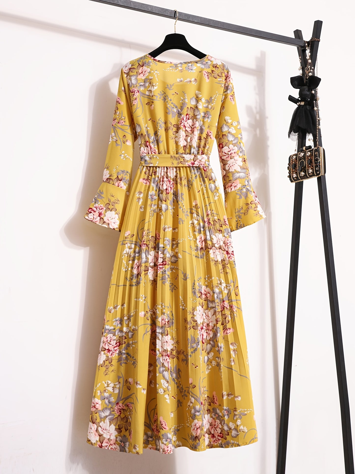 Floral Print Pleated Dress, Crew Neck Elegant Long Sleeve Maxi Dress, Women's Clothing