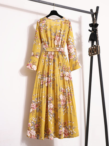 Floral Print Pleated Dress, Crew Neck Elegant Long Sleeve Maxi Dress, Women's Clothing