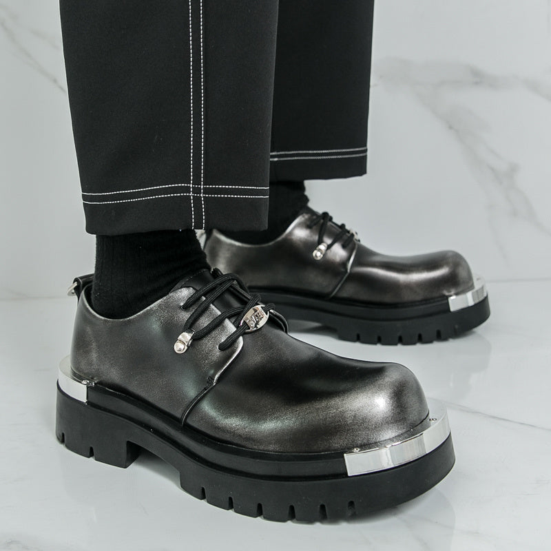 Men'S Chunky Platform Dress Shoes - Slip-Resistant Rubber Sole, Lace-Up Formal & Business Shoes, Glossy Black Faux Cover for Office, Wedding, Party - Cushioned Insole & Non-Slip Outsole, Office Footwear, Sleek Shoe Design, Du