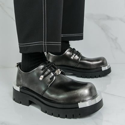 Men'S Chunky Platform Dress Shoes - Slip-Resistant Rubber Sole, Lace-Up Formal & Business Shoes, Glossy Black Faux Cover for Office, Wedding, Party - Cushioned Insole & Non-Slip Outsole, Office Footwear, Sleek Shoe Design, Du