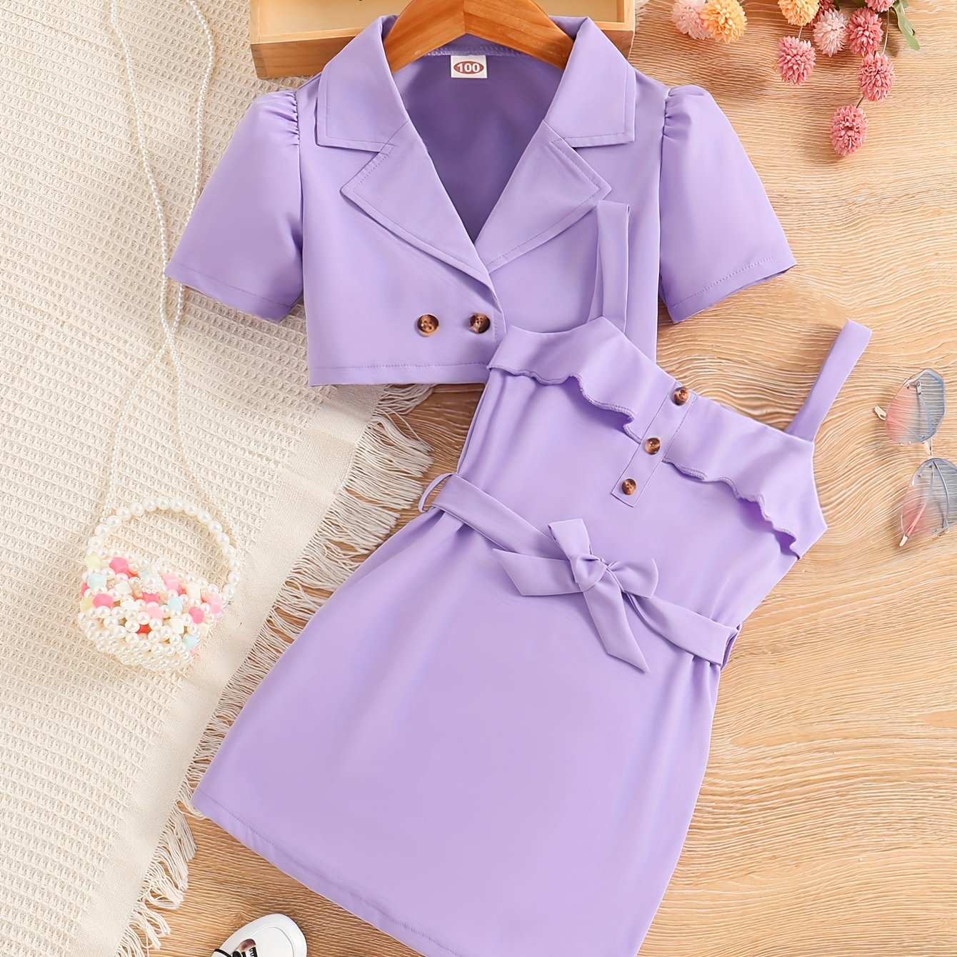 2pcs Girls Fashion Solid Non Stretch Puff Sleeve Double Button Blazer & Belted Cami Dress