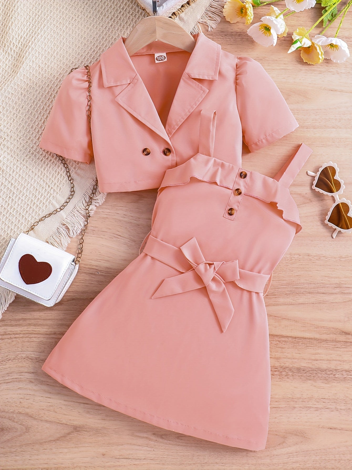 2pcs Girls Fashion Solid Non Stretch Puff Sleeve Double Button Blazer & Belted Cami Dress