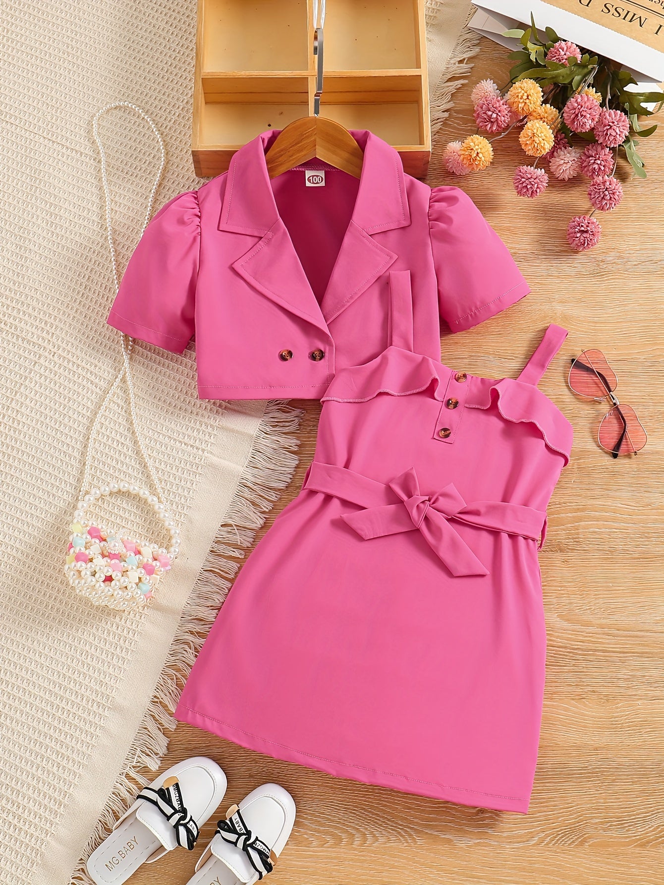 2pcs Girls Fashion Solid Non Stretch Puff Sleeve Double Button Blazer & Belted Cami Dress