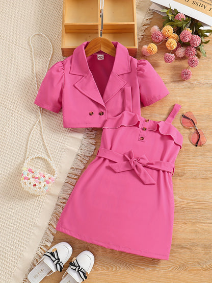 2pcs Girls Fashion Solid Non Stretch Puff Sleeve Double Button Blazer & Belted Cami Dress