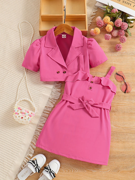 2pcs Girls Fashion Solid Non Stretch Puff Sleeve Double Button Blazer & Belted Cami Dress