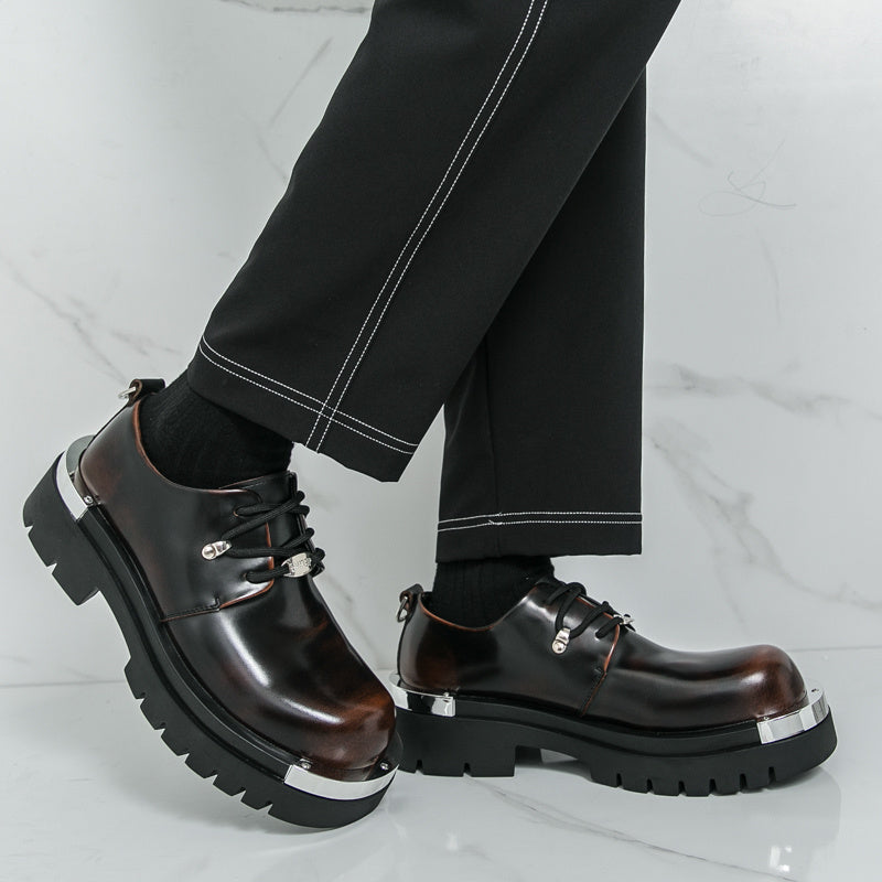 Men'S Chunky Platform Dress Shoes - Slip-Resistant Rubber Sole, Lace-Up Formal & Business Shoes, Glossy Black Faux Cover for Office, Wedding, Party - Cushioned Insole & Non-Slip Outsole, Office Footwear, Sleek Shoe Design, Du