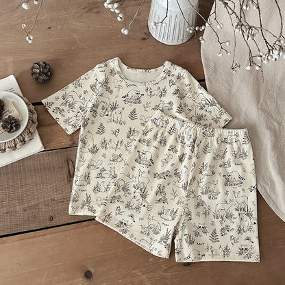 2pcs Ins New Summer 2025 Full print Soft Kids Clothing Set Boys Clothes Suit Pure Cotton Tee a 4nd Shorts  Chidren Track Suit