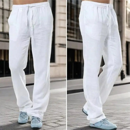 Men's Cotton Linen Trousers Men's Autumn New Breathable Leisure Solid Colour Drawstring Elastic Waist Running Trousers