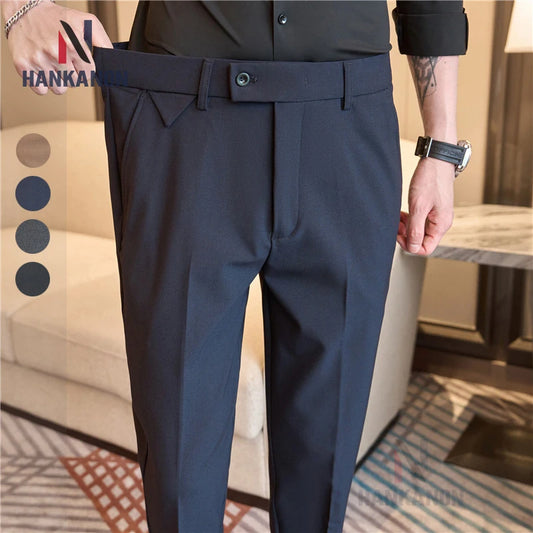 Men's High-Grade Trousers, Stretch Waist, Casual Trousers Slim Fit Navy Blue, Business All-Match，Male Pants
