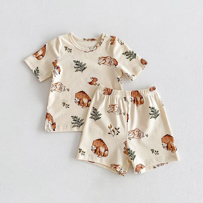 2pcs Ins New Summer 2025 Full print Soft Kids Clothing Set Boys Clothes Suit Pure Cotton Tee a 4nd Shorts  Chidren Track Suit