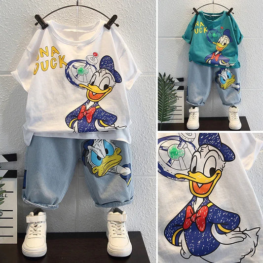 2023 Summer Kids Clothing Fashion Donald Duck T-shirt+Jeans Sets Children Cotton Short Sleeve Denim Shorts Tracksuits Clothes