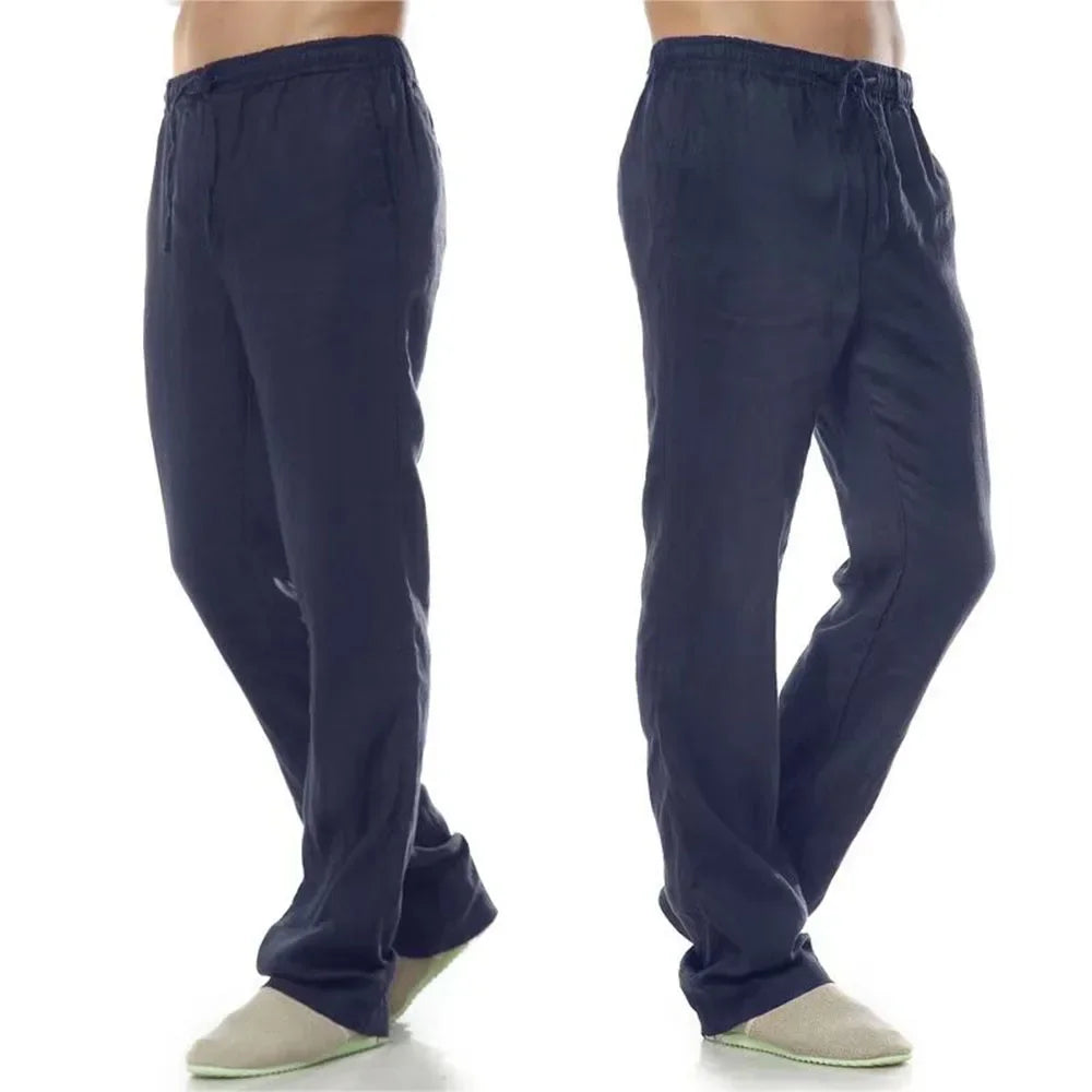 Men's Cotton Linen Trousers Men's Autumn New Breathable Leisure Solid Colour Drawstring Elastic Waist Running Trousers