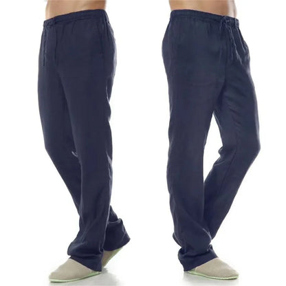 Men's Cotton Linen Trousers Men's Autumn New Breathable Leisure Solid Colour Drawstring Elastic Waist Running Trousers