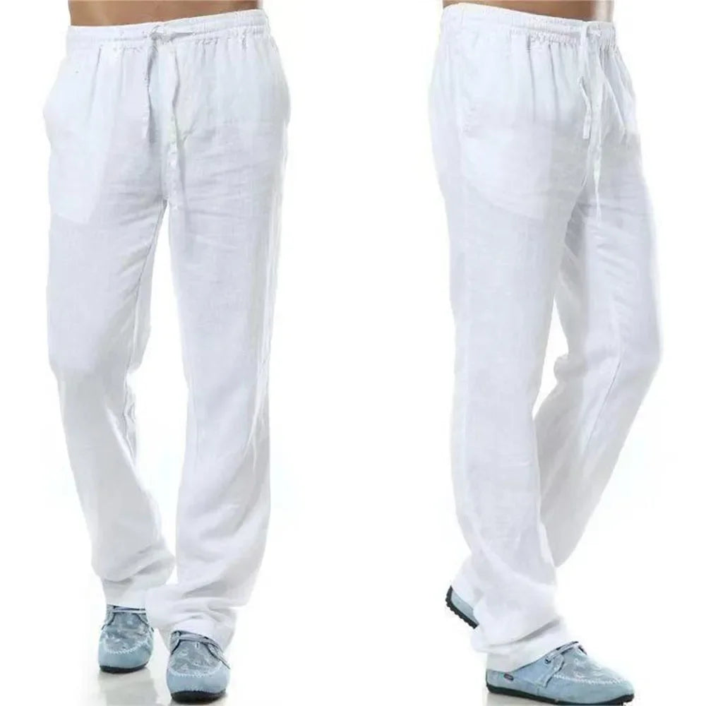 Men's Cotton Linen Trousers Men's Autumn New Breathable Leisure Solid Colour Drawstring Elastic Waist Running Trousers