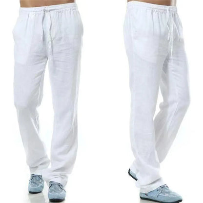 Men's Cotton Linen Trousers Men's Autumn New Breathable Leisure Solid Colour Drawstring Elastic Waist Running Trousers