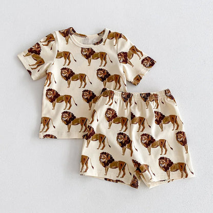 2pcs Ins New Summer 2025 Full print Soft Kids Clothing Set Boys Clothes Suit Pure Cotton Tee a 4nd Shorts  Chidren Track Suit