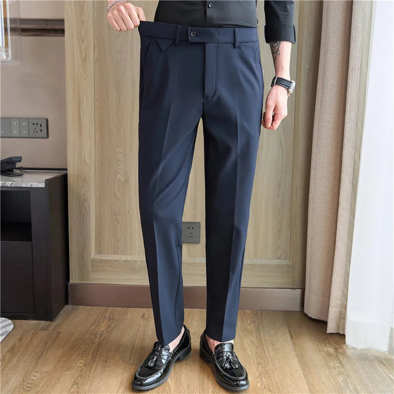 Men's High-Grade Trousers, Stretch Waist, Casual Trousers Slim Fit Navy Blue, Business All-Match，Male Pants