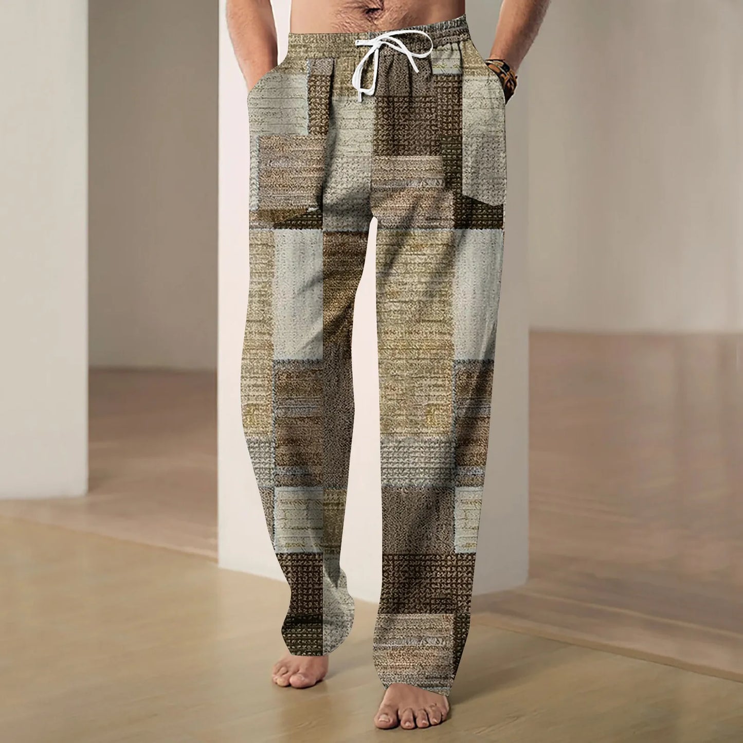 2024 Men's Trousers Cotton Linen Fashion Casual Pants Printed Breathable Loose Trousers Straight Drawstring Pants Streetwear Men