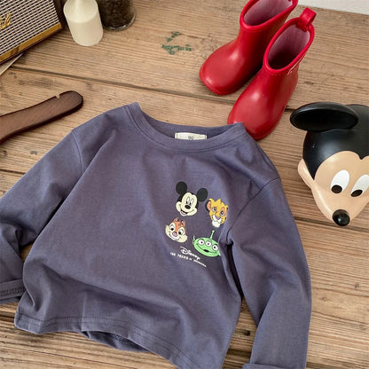 Mickey Printed Children Spring Bottoming Shirt Crewneck Long Sleeve T-shirt Fashion New Kids Clothing Boy Girl Base Shirt Blouse