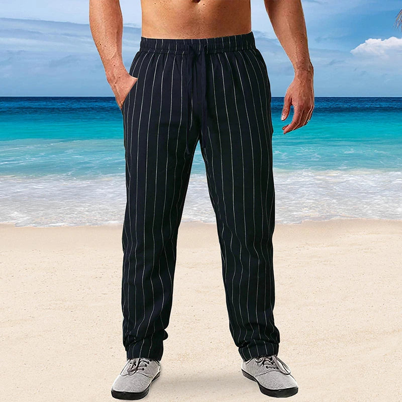 New Men's Trousers Design Vertical Stripes Breathable Pants Casual Baggy Elastic Waist Straight Leg Sweatpants