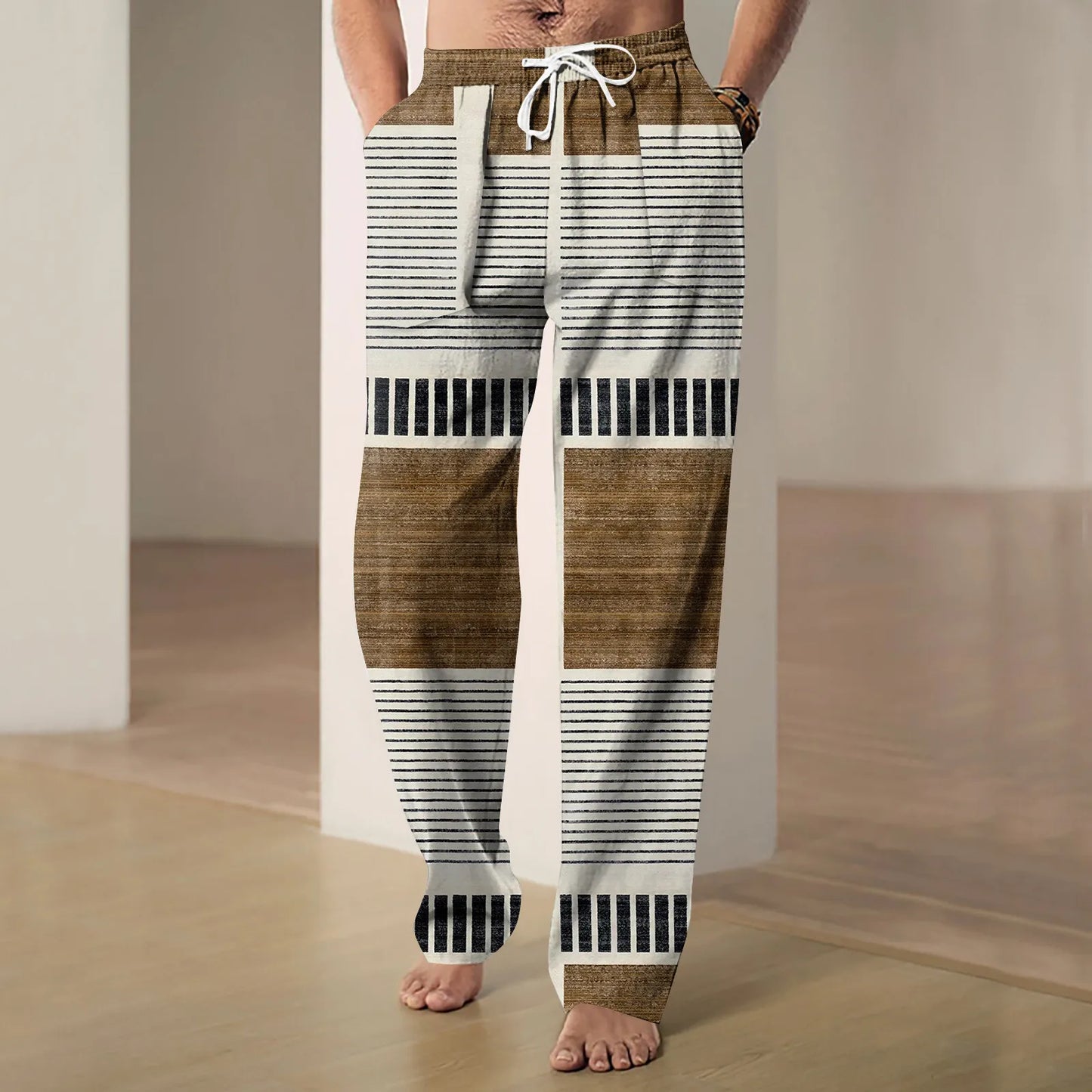 2024 Men's Trousers Cotton Linen Fashion Casual Pants Printed Breathable Loose Trousers Straight Drawstring Pants Streetwear Men