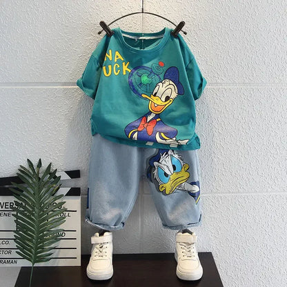 2023 Summer Kids Clothing Fashion Donald Duck T-shirt+Jeans Sets Children Cotton Short Sleeve Denim Shorts Tracksuits Clothes