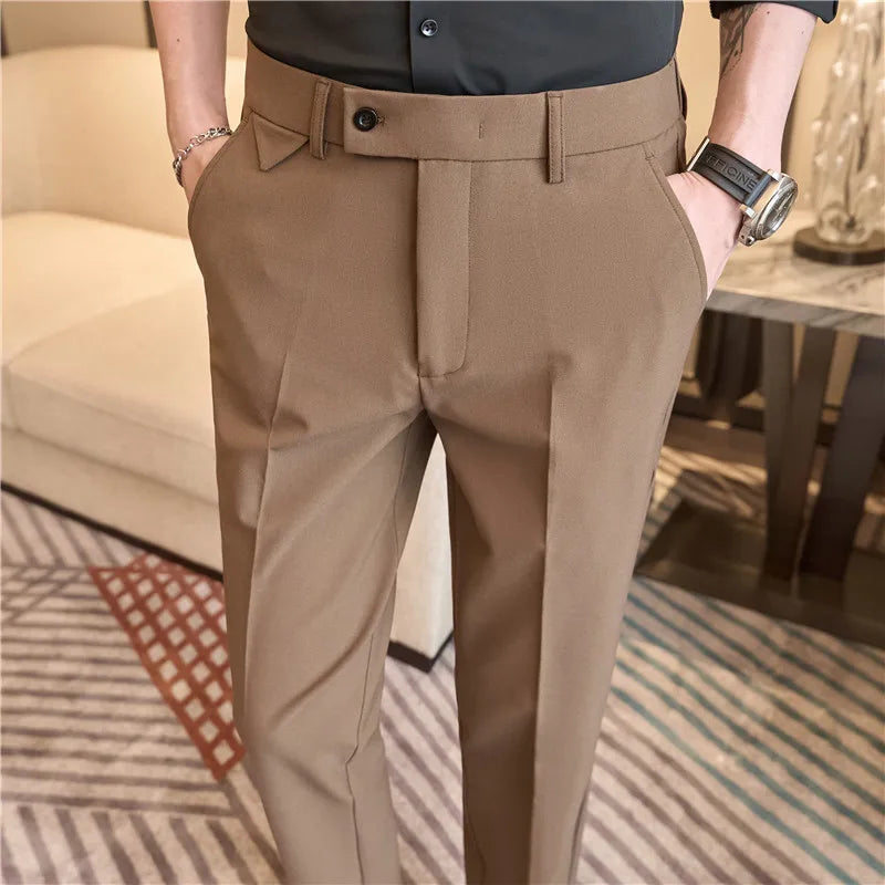 Men's High-Grade Trousers, Stretch Waist, Casual Trousers Slim Fit Navy Blue, Business All-Match，Male Pants