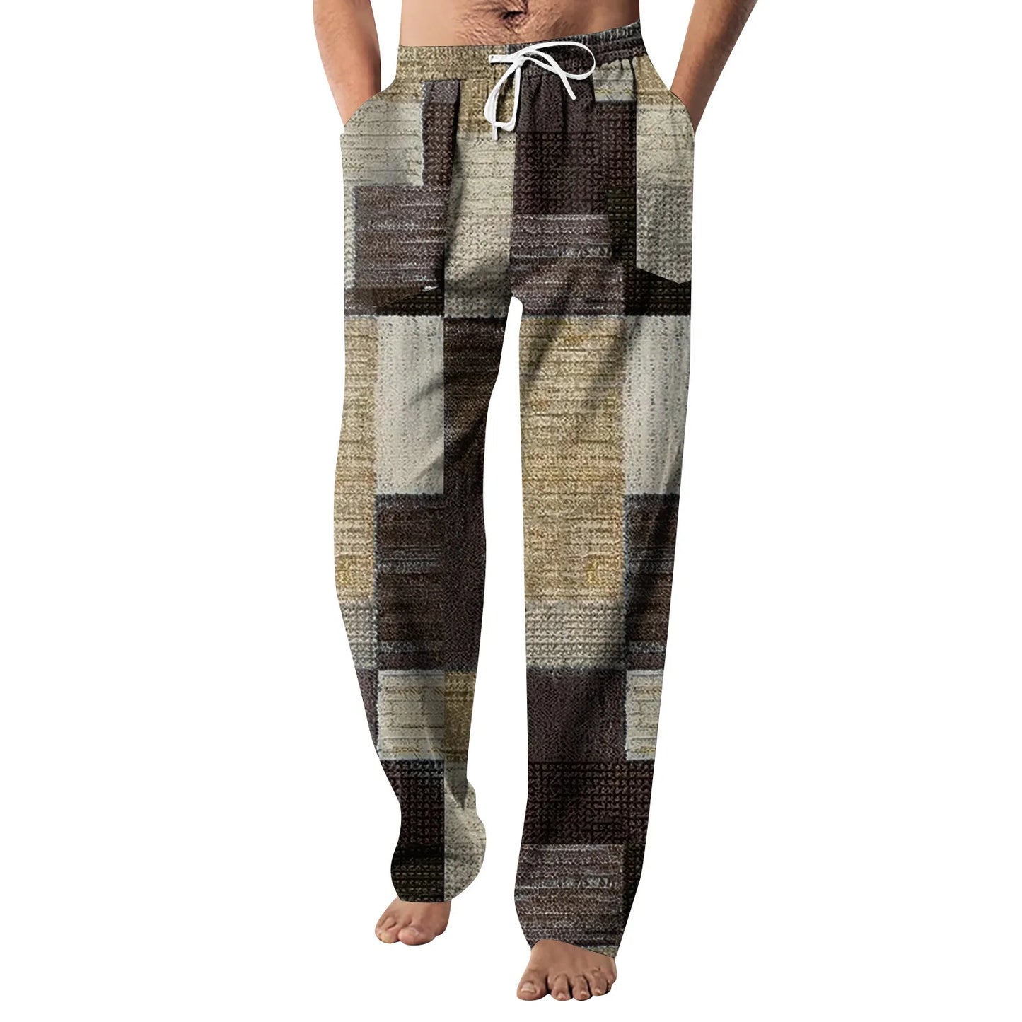2024 Men's Trousers Cotton Linen Fashion Casual Pants Printed Breathable Loose Trousers Straight Drawstring Pants Streetwear Men
