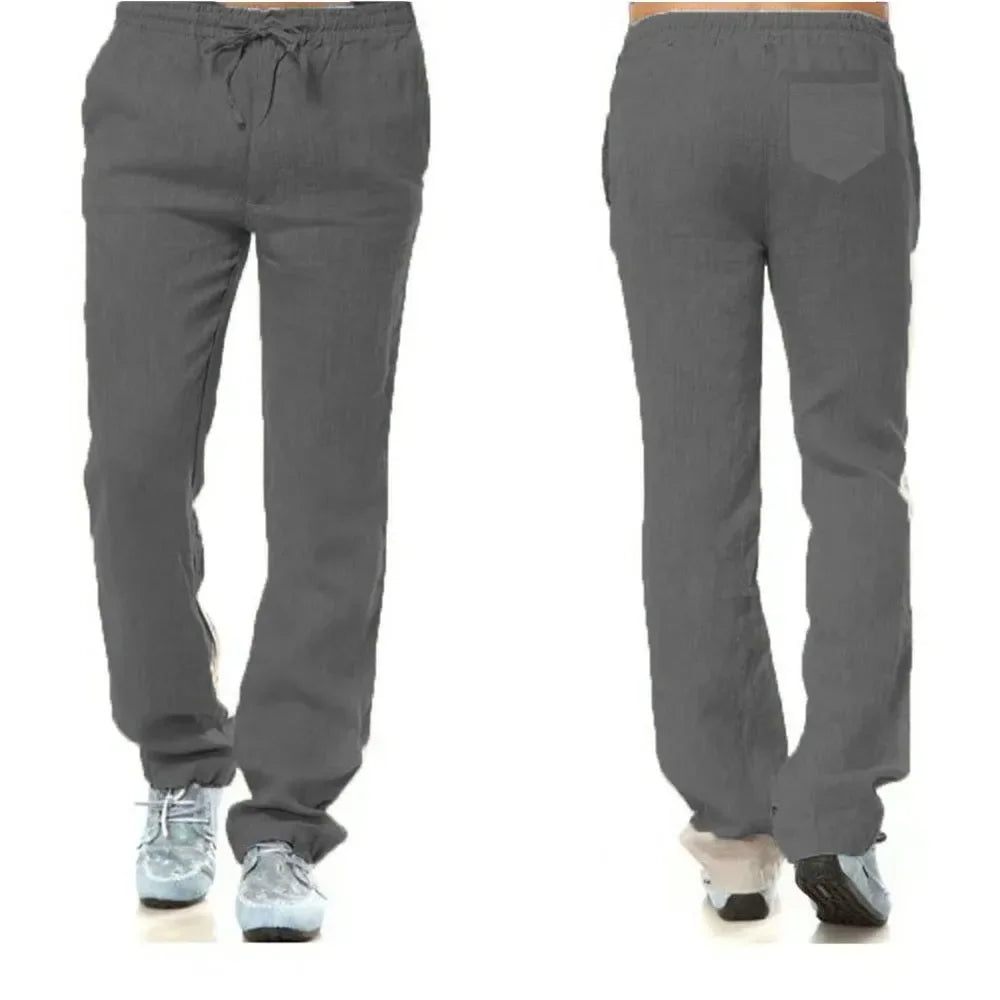 Men's Cotton Linen Trousers Men's Autumn New Breathable Leisure Solid Colour Drawstring Elastic Waist Running Trousers