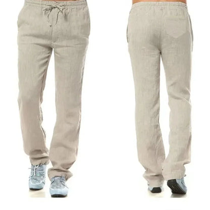 Men's Cotton Linen Trousers Men's Autumn New Breathable Leisure Solid Colour Drawstring Elastic Waist Running Trousers