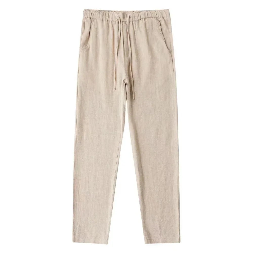Men's Cotton Linen Trousers Men's Autumn New Breathable Leisure Solid Colour Drawstring Elastic Waist Running Trousers