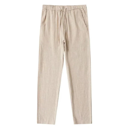 Men's Cotton Linen Trousers Men's Autumn New Breathable Leisure Solid Colour Drawstring Elastic Waist Running Trousers