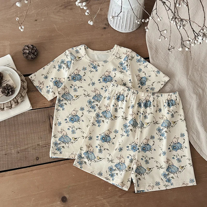 2pcs Ins New Summer 2025 Full print Soft Kids Clothing Set Boys Clothes Suit Pure Cotton Tee a 4nd Shorts  Chidren Track Suit